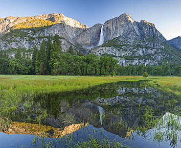 Yosemite Falls reflected in a flooded Cooks Meadow, Yosemite Valley, Yosemite National Park, UNESCO World Heritage Site, California, United States of America, North America