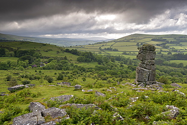 Moody sky over Bowerman's Nose in Dartmoor National Park, Devon, England, United Kingdom, Europe