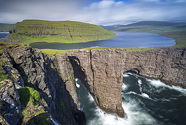 Traelanipa cliffs and Sorvagsvatn Lake on the island of Vagar in the Faroe Islands, Denmark, Europe