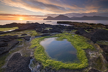 Sunrise at Gjogv on the longest day of the year, Eysturoy, Faroe Islands, Denmark, Europe