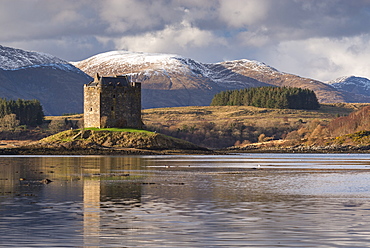 The 14th century Castle Stalker on an island in Loch Linnhe in winter, Appin, Scotland, United Kingdom, Europe