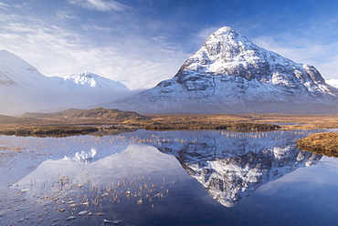 Snow covered Buachaille Etive Beag mountain reflected in a mirror still pool in winter, Rannoch Moor, Highlands, Scotland, United Kingdom, Europe