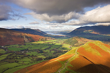 Newlands Valley looking towards Bassenthwaite Lake in the distance, from Cat Bells in autumn, Lake District National Park, Cumbria, England, United Kingdom, Europe