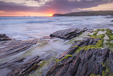 Waves crash against the rocky shores of Boobys Bay at sunset, Cornwall, England, United Kingdom, Europe