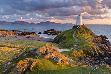 Twr Mawr ligthouse on Llanddwyn Island at sunset, Anglesey, North Wales, United Kingdom, Europe