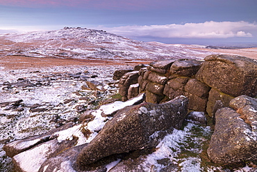 West Mill Tor from Rowtor in winter snow, Dartmoor National Park, Devon, England, United Kingdom, Europe