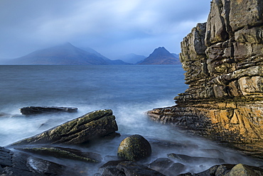 The Cuillin Mountains from the rocky shores of Elgol, Isle of Skye, Inner Hebrides, Scotland, United Kingdom, Europe