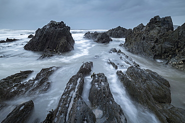 Rocky seashore at Bantham in the South Hams in winter, Devon, England, United Kingdom, Europe