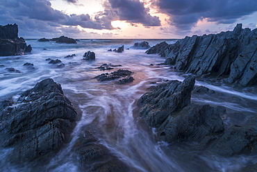 Sunset over the dramatic coastline of North Devon, England, United Kingdom, Europe