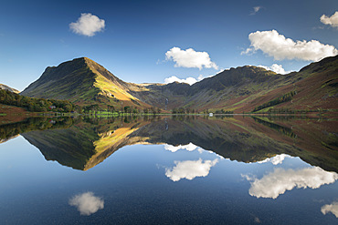 Perfect reflections on a tranquil Buttermere in the Lake District National Park, UNESCO World Heritage Site, Cumbria, England, United Kingdom, Europe