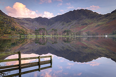 Perfectly still Buttermere at sunset, Lake District National Park, UNESCO World Heritage Site, Cumbria, England, United Kingdom, Europe