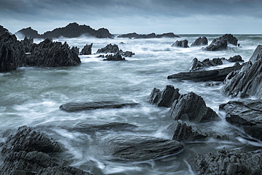 Rocky cove on the dramatic North Devon coast in winter, Devon, England, United Kingdom, Europe