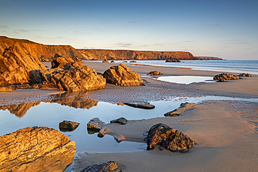 Late evening sunlight on a deserted Marloes Sands, Pembrokeshire, Wales, United Kingdom, Europe