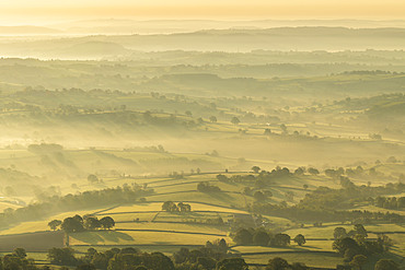 Mist covered rolling countryside at dawn, Abergavenny, Wales, United Kingdom, Europe