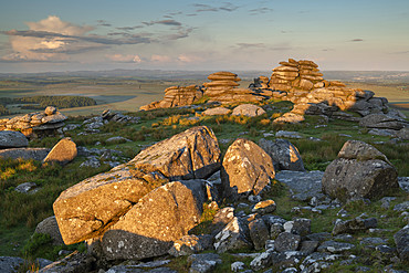 First light on the granite boulders of Roughtor in Bodmin Moor, Cornwall, England, United Kingdom, Europe