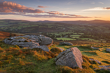 Sunrise over rolling countryside from Corndon Tor, Dartmoor, Devon, England, United Kingdom, Europe