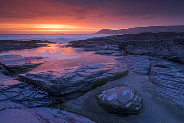 Incredible sunset over the rocky shores of Boobys Bay near Trevose Head in Cornwall, England, United Kingdom, Europe