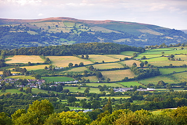 Rolling farmland on the outskirts of Crickhowell (Crug Hywel) in the Brecon Beacons National Park, Powys, Wales, United Kingdom, Europe