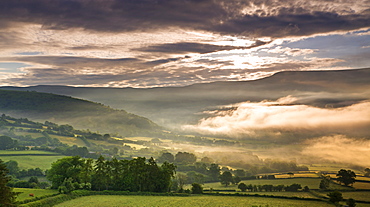 Mist hanging over countryside near Bwlch, Brecon Beacons National Park, Powys, Wales, United Kingdom, Europe