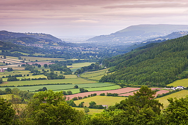 Rolling countryside in the Usk Valley looking towards Crickhowell, Brecon Beacons National Park, Powys, Wales, United Kingdom, Europe