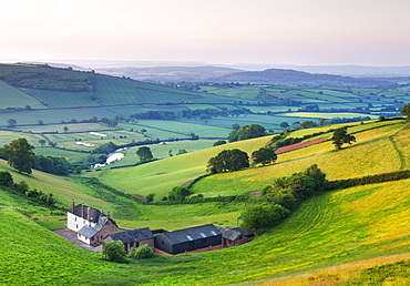 Farm nestled in the Exe valley overlooking the River Exe, Devon, England, United Kingdom, Europe