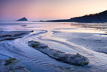 Wembury Bay and the Great Mewstone at sunset, Wembury, Devon, England, United Kingdom, Europe