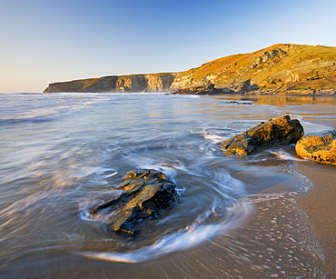 Trebarwith Strand Beach at low tide, Cornwall, England, United Kingdom, Europe