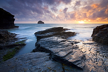 Trebarwith Strand and Gull Rock at sunset, Cornwall, England, United Kingdom, Europe