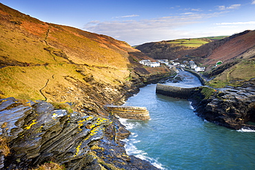 Boscastle harbour and village, viewed from Penally Hill, Cornwall, England, United Kingdom, Europe