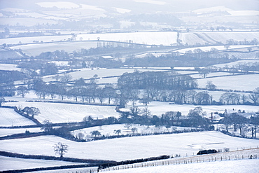 Snow covered mid Devon countryside in winter near Crediton, Devon, England, United Kingdom, Europe