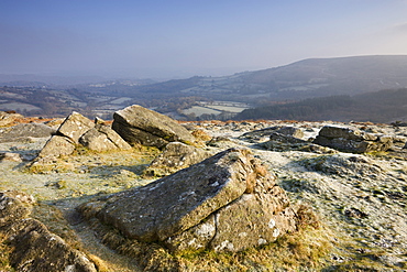 Frost covered rocks on Hound Tor Down in winter, Dartmoor National Park, Devon, England, United Kingdom, Europe