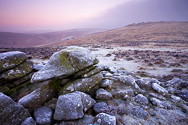 Grimspound Bronze Age settlement remains on a frosty winter dawn, Dartmoor National Park, Devon, England, United Kingdom, Europe