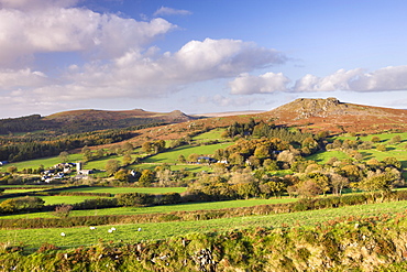 Dartmoor village of Sheepstor surrounded by autumnal rural landscape and backed by wild moorland, Dartmoor National Park, Devon, England, United Kingdom, Europe