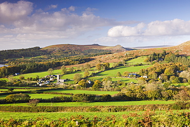 Dartmoor village of Sheepstor surrounded by sun bathed fields and autumnal woodland, Dartmoor National Park, Devon, England, United Kingdom, Europe