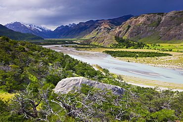 Braided river valley at El Chalten in Los Glaciares National Park, Patagonia, Argentina, South America