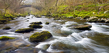 East Lyn River and bridge at Watersmeet, Exmoor National Park, Devon, England, United Kingdom, Europe