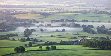 Mist hanging low over countryside near Crediton, Mid Devon, England, United Kingdom, Europe