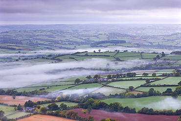 Mist covered rolling landscape near Llangorse, Brecon Beacons National Park, Powys, Wales, United Kingdom, Europe