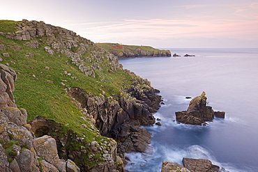 Looking towards the Irish Lady stack and Dr. Syntax's Head from the cliffs of Pedn-men-du, Lands End, Cornwall, England, United Kingdom, Europe