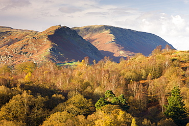 Helm Crag and Steel Fell mountains behind autumnal woodland, Grasmere, Lake District National Park, Cumbria, England, United Kingdom, Europe