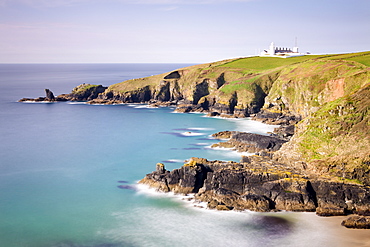 Looking across Housel Bay to The Lizard Lighthouse, Lizard, Cornwall, England, United Kingdom, Europe