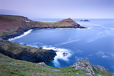 Dawn vista over Porth Ledden towards Cape Cornwall and The Brisons, from Kenidjack Castle, Cornwall, England, United Kingdom, Europe