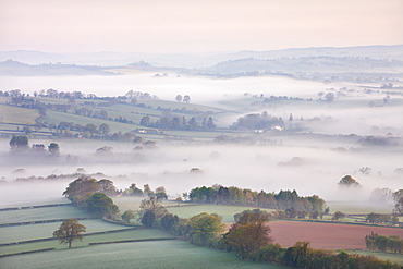 Mist covered countryside at dawn near Pennorth, Brecon Beacons National Park, Powys, Wales, United Kingdom, Europe