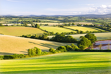 Rolling countryside near the village of Bow, looking south towards the hills of Dartmoor, Devon, England, United Kingdom, Europe