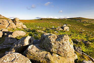 Granite outcrop at Holwell Tor, looking over bracken covered moorland to Saddle Tor, Dartmoor National Park, Devon, England, United Kingdom, Europe