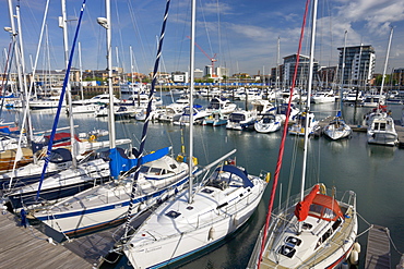 Yachts moored at Ocean Village Marina, Southampton, Hampshire, England, United Kingdom, Europe