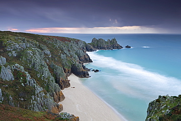 Pednvounder Beach and Logan Rock from Treen Cliff, Porthcurno, Cornwall, England, United Kingdom, Europe