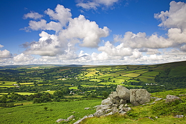 Rolling countryside around Widecombe-in-the-Moor, Dartmoor National Park, Devon, England, United Kingdom, Europe