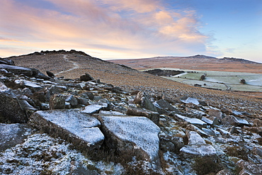 Frost covered Belstone Tor in winter, Dartmoor National Park, Devon, England, United Kingdom, Europe