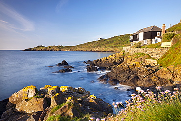 Looking over Perprean Cove towards Chynhalls Point from Dolor Point, Coverack, Lizard Peninsula, Cornwall, England, United Kingdom, Europe